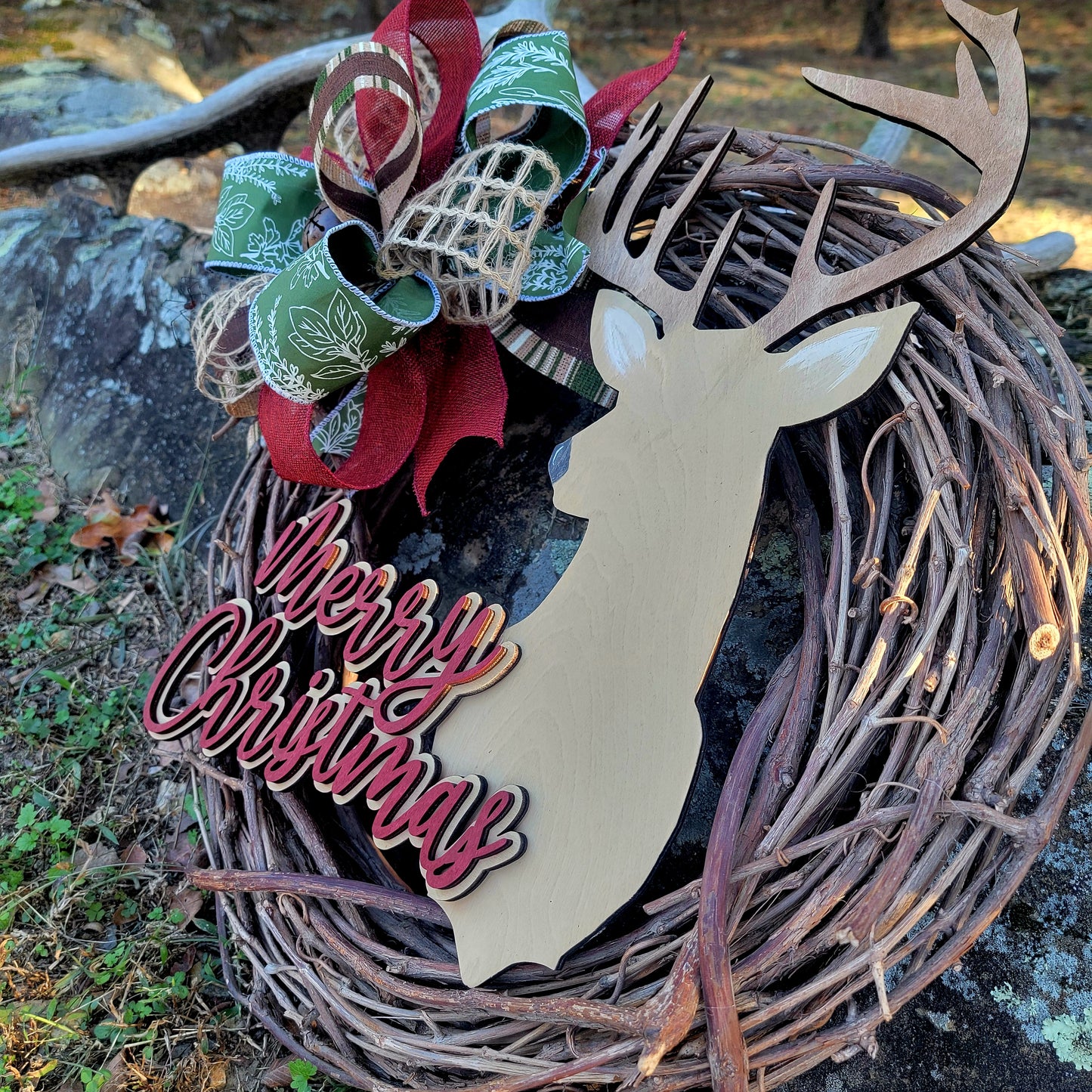 Merry Christmas Grapevine Wreath w/Deer