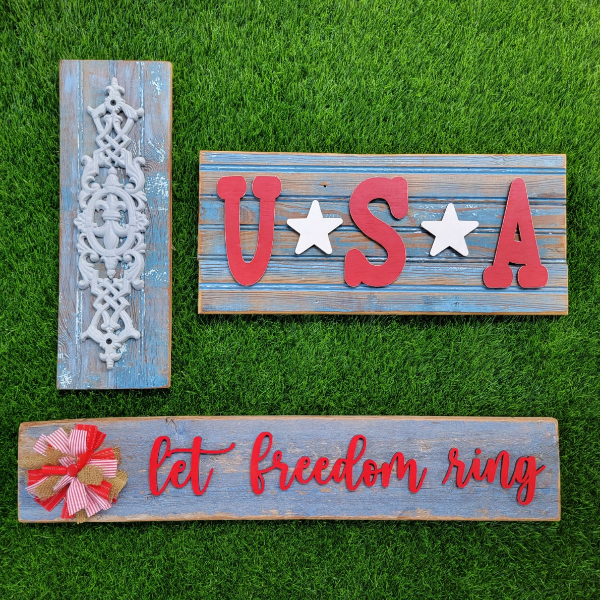 White Cast Iron Medallion on Reclaimed Blue Wood