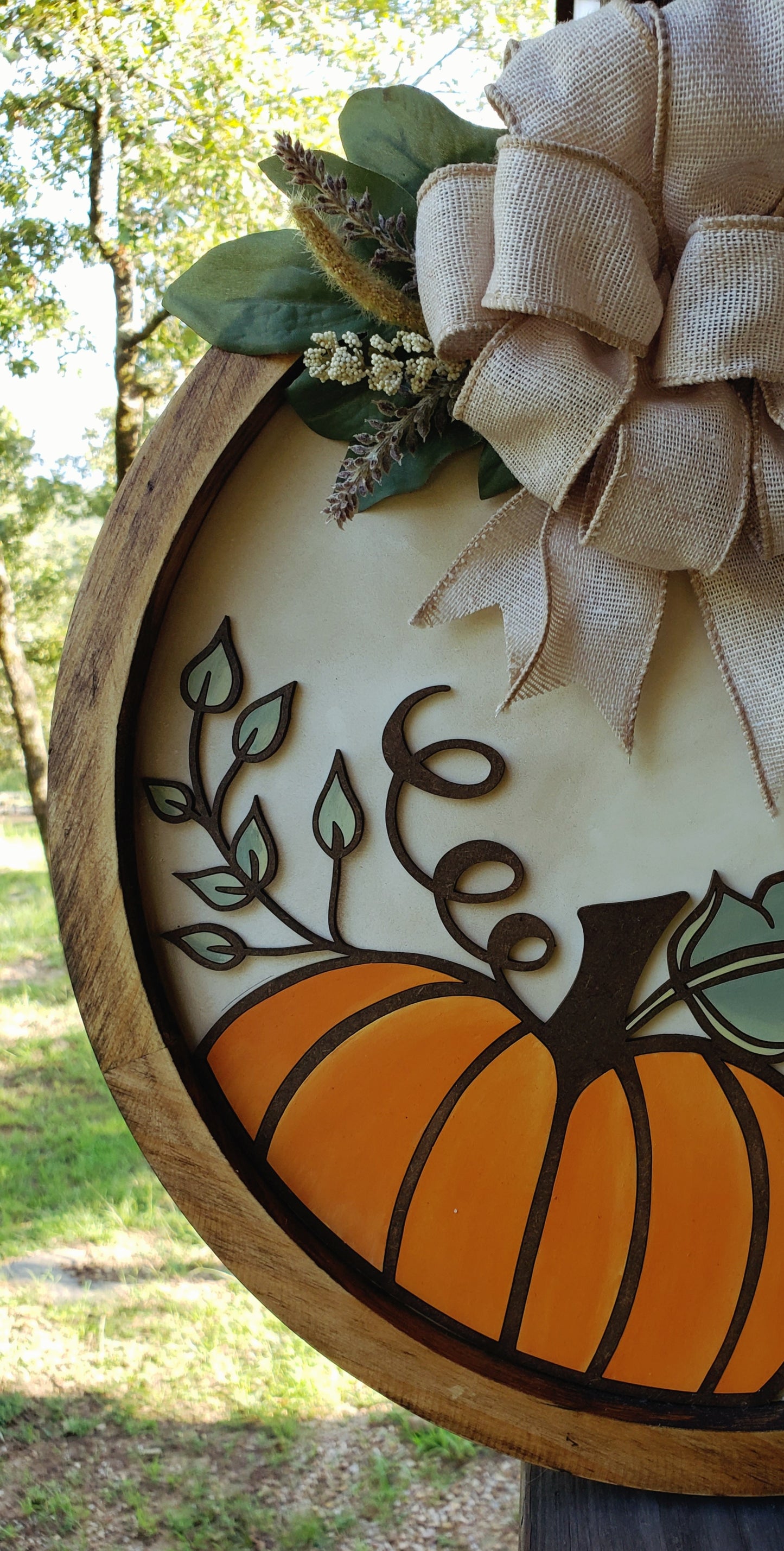 Autumn Pumpkin with Bow and Greenery