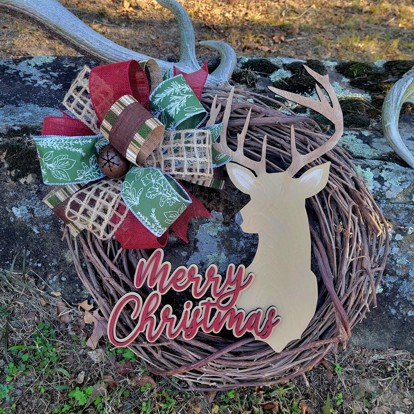 Merry Christmas Grapevine Wreath w/Deer