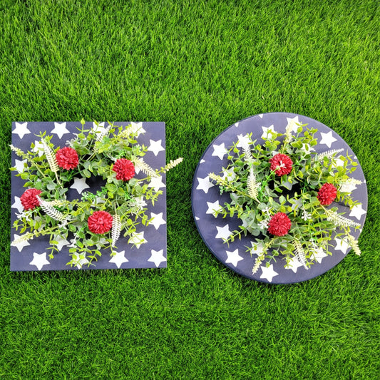 Patriotic Blue with White Stars & Red Floral Accent