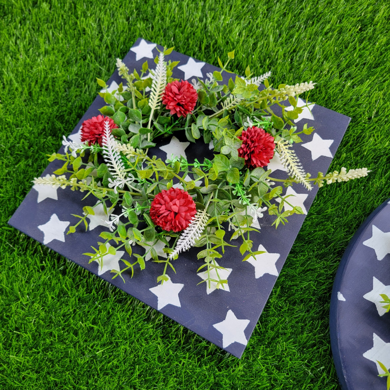 Patriotic Blue with White Stars & Red Floral Accent