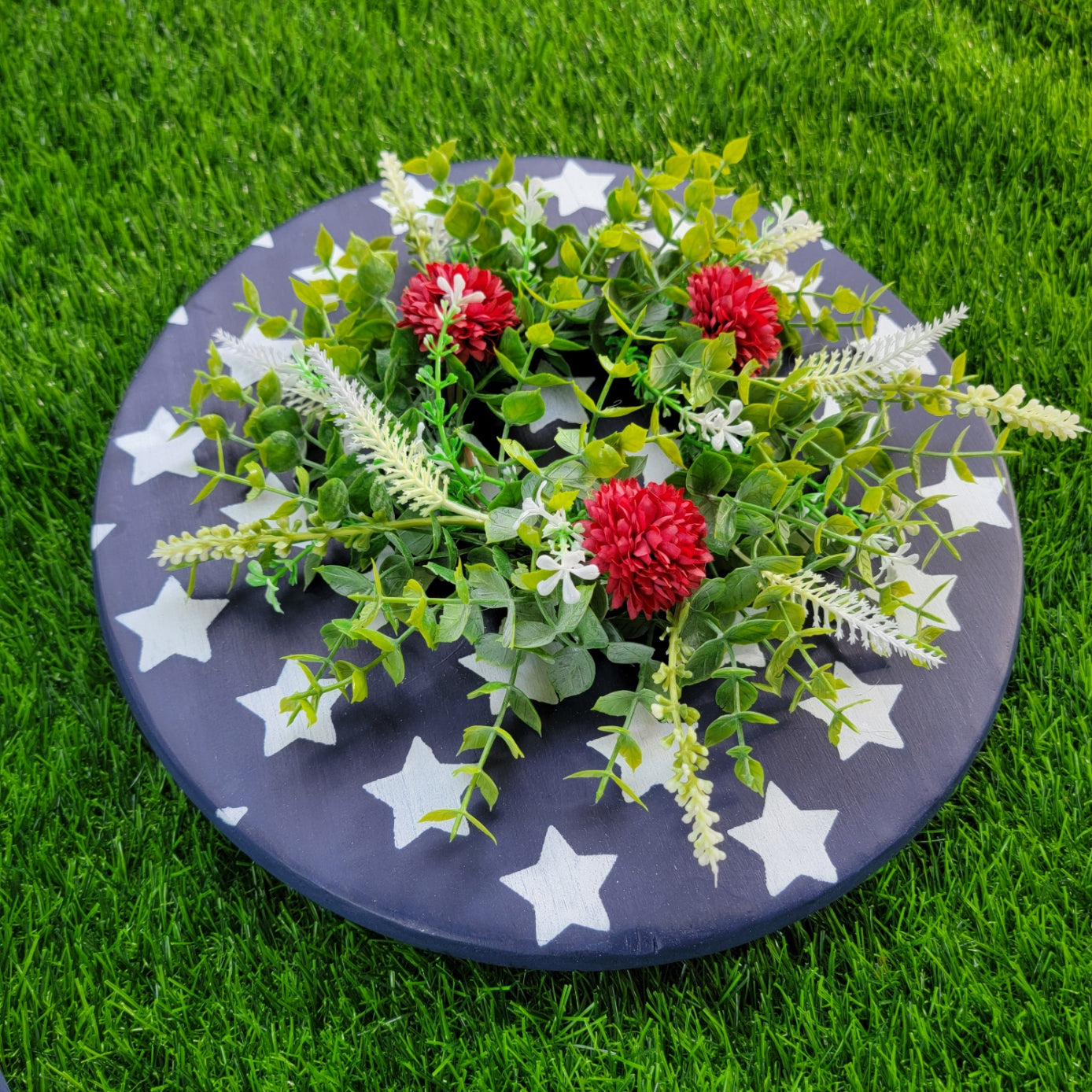 Patriotic Blue with White Stars & Red Floral Accent