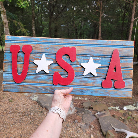 USA on Reclaimed Blue Barn Wood